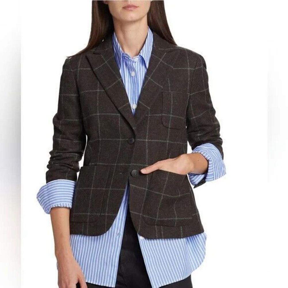 NWT Rag & Bone Nancy Windowpane Plaid Wool Blazer Brown Teal Size 00 - Ret $595